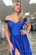 Off Shoulder Royal Blue Satin Prom Dresses with Slit