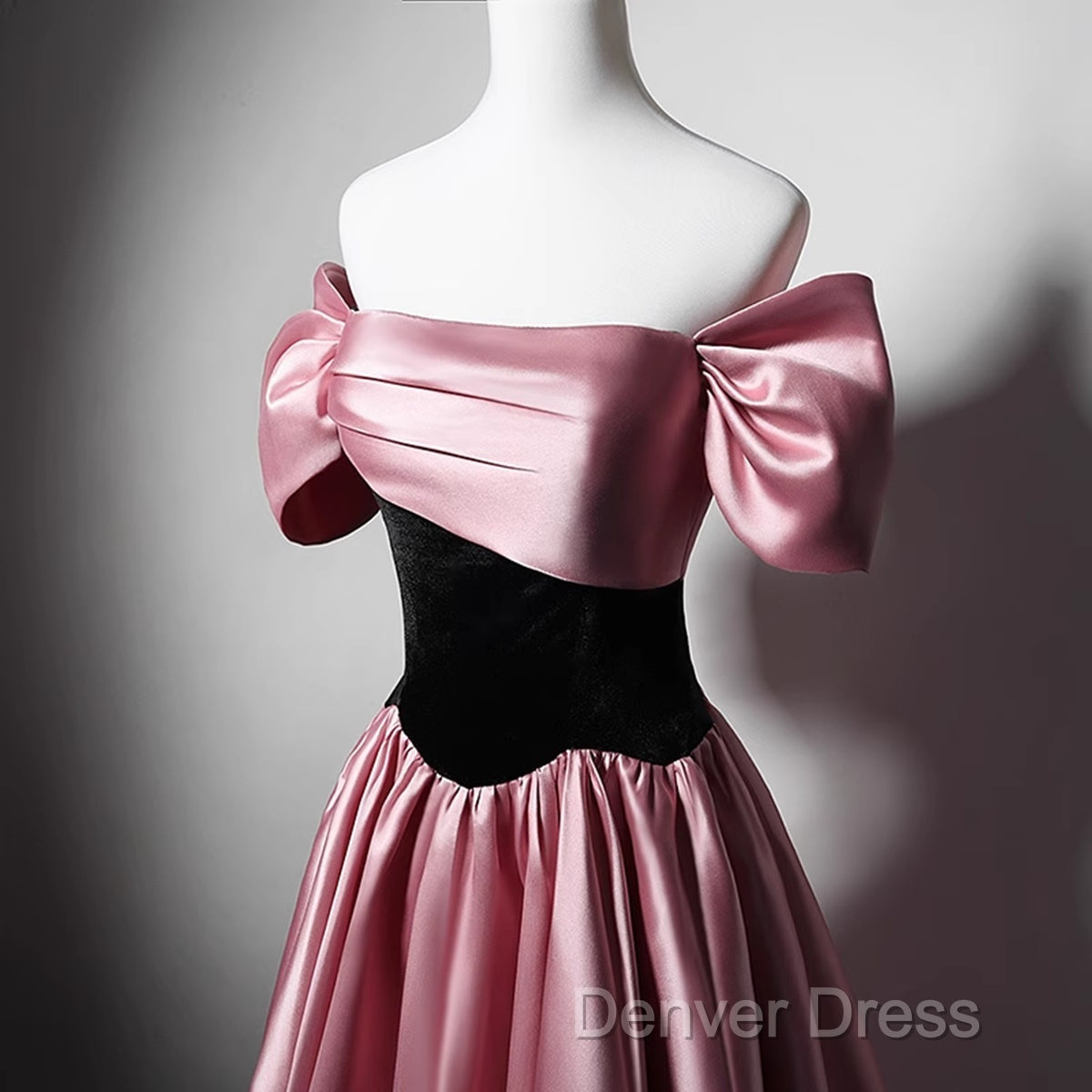 Off Shoulder Satin Scoop A-Line Long Party Dresses, Pink And Black Prom Dresses Evening Dresses Secondary image
