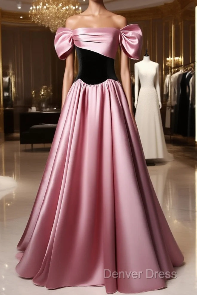 Off Shoulder Satin Scoop A-Line Long Party Dresses, Pink And Black Prom Dresses Evening Dresses