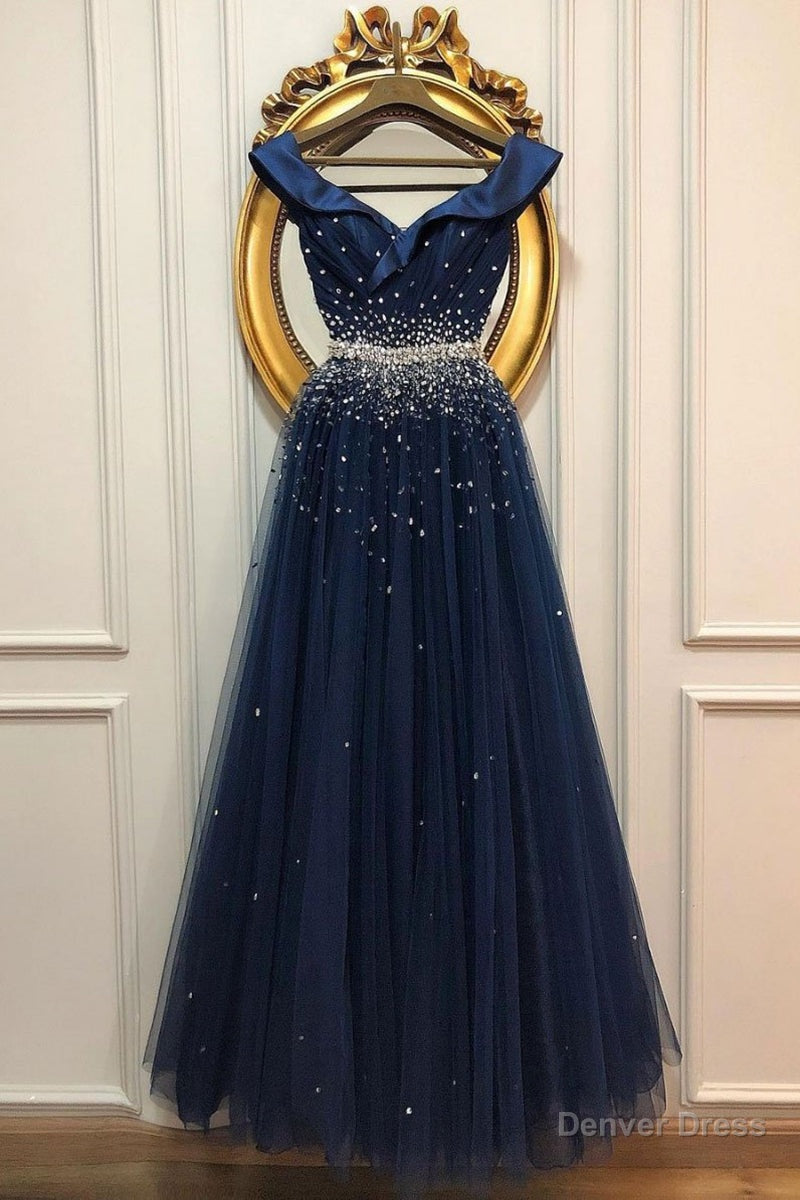 Off Shoulder Sequins Dark Blue Long Prom Dress, Dark Blue Formal Dress, Off Shoulder Evening Dress