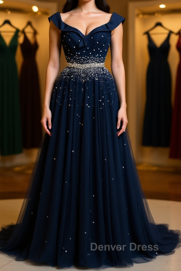 Off Shoulder Sequins Dark Blue Long Prom Dress, Dark Blue Prom Dress, Off Shoulder Prom Dresses Main image