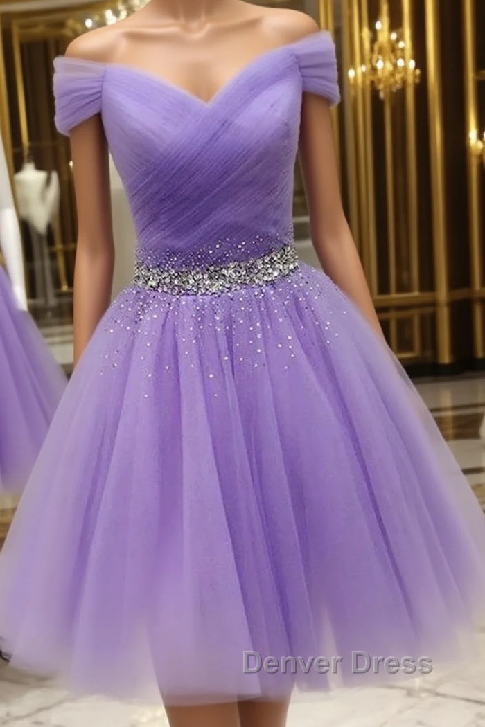 Off Shoulder Sequins Lilac Short Prom Dresses Homecoming Dresses, Off Shoulder Lilac Lavender Formal Graduation Evening Dresses Main image