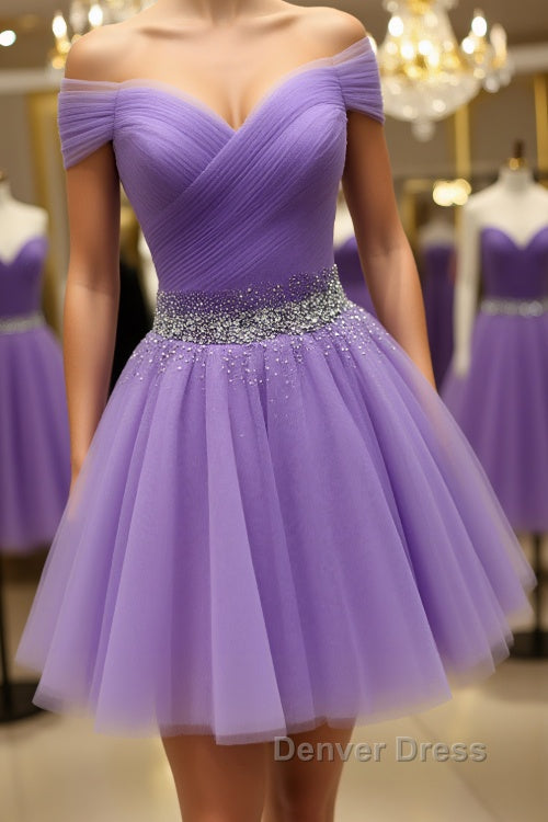 Off Shoulder Sequins Purple Short Prom Dress, Off the Shoulder Purple Homecoming Dress, Short Purple Prom Dresses Main image