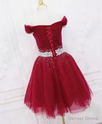 Off Shoulder Short Burgundy Prom Dress, Short Burgundy Off the Shoulder Prom Homecoming Dresses