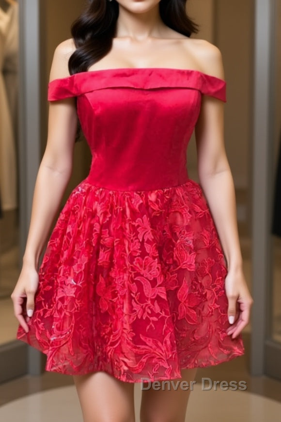 Off Shoulder Short Red Lace Prom Dress, Off Shoulder Red Lace Prom Graduation Dress, Red Lace Homecoming Dresses Main image