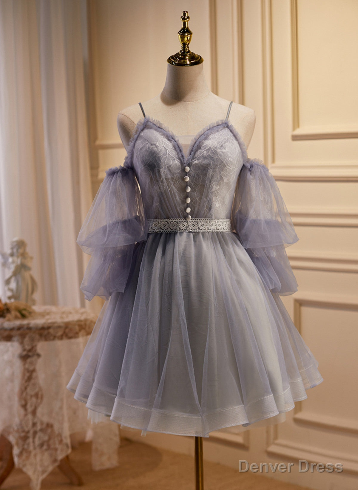 Off Shoulder Short Tulle Prom Dress with Lace, Off Shoulder Homecoming Dresses