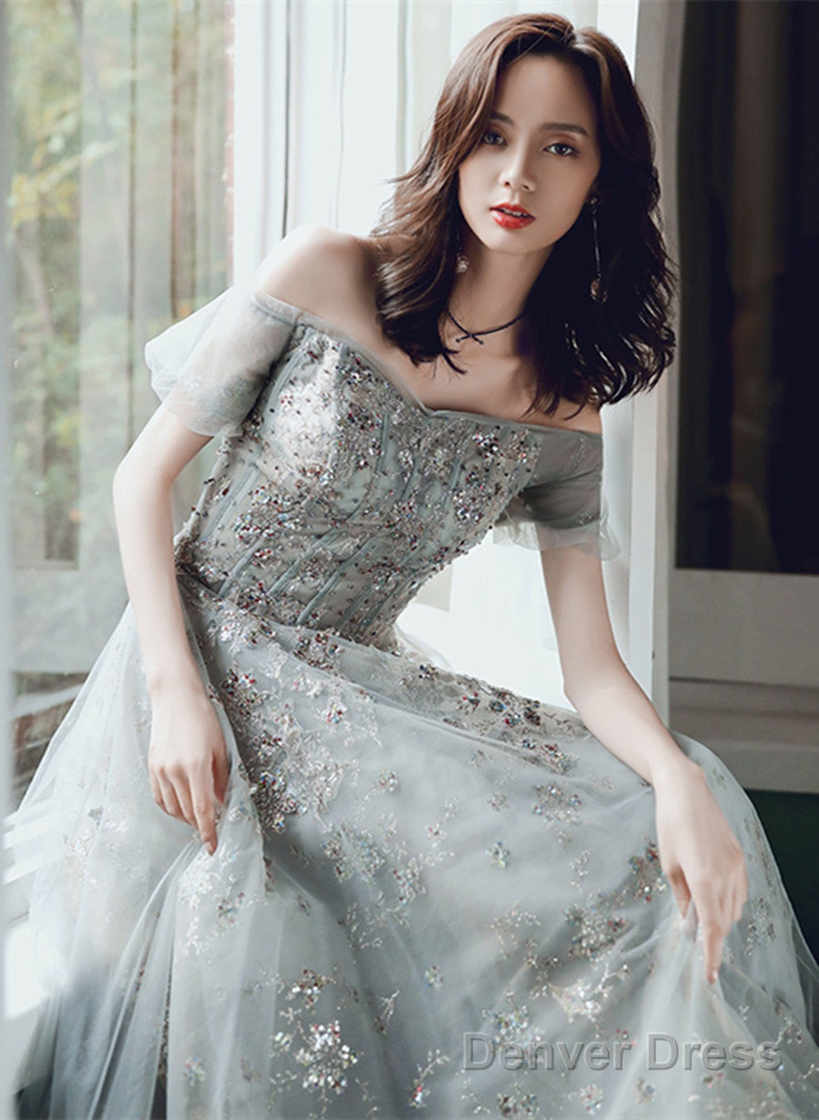 Off Shoulder Sweetheart A-Line Green Long Formal Dress, Tulle With Lace Prom Dress Secondary image