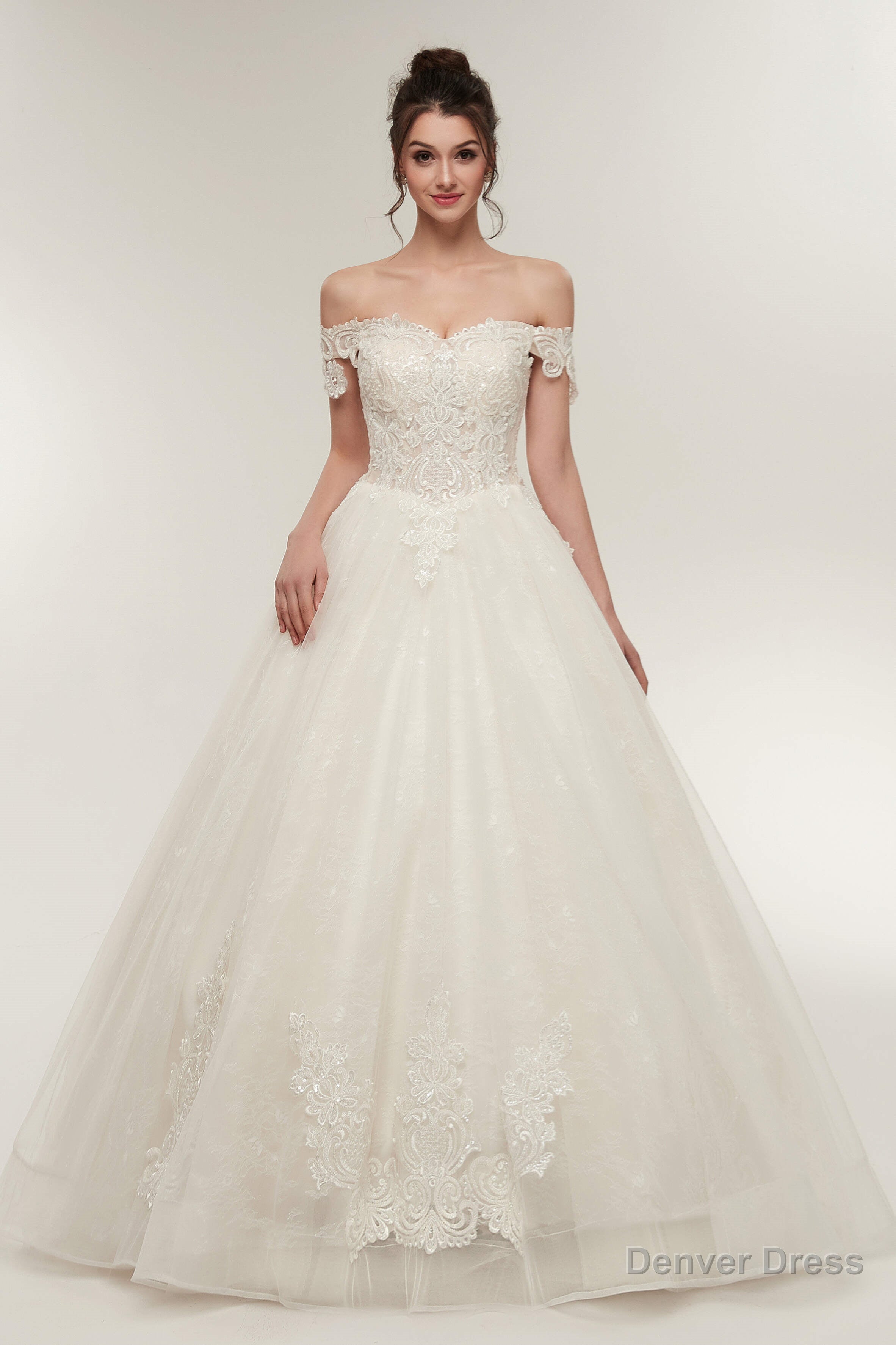 Off-shoulder Sweetheart A-line Lace-up Floor Length Lace Appliques Wedding Dresses Main image