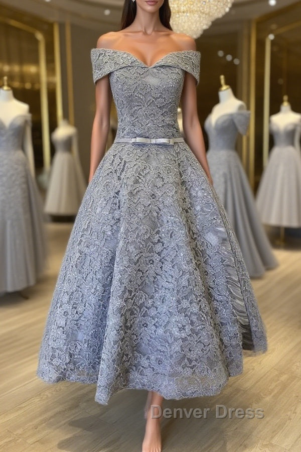 Off Shoulder Tea Length Gray Lace Prom Dresses, Off the Shoulder Gray Homecoming Dresses, Gray Lace Formal Evening Dresses Main image