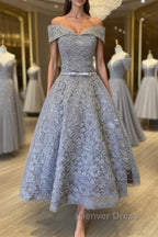 Off Shoulder Tea Length Gray Lace Prom Dresses, Off the Shoulder Gray Homecoming Dresses, Gray Lace Formal Evening Dresses