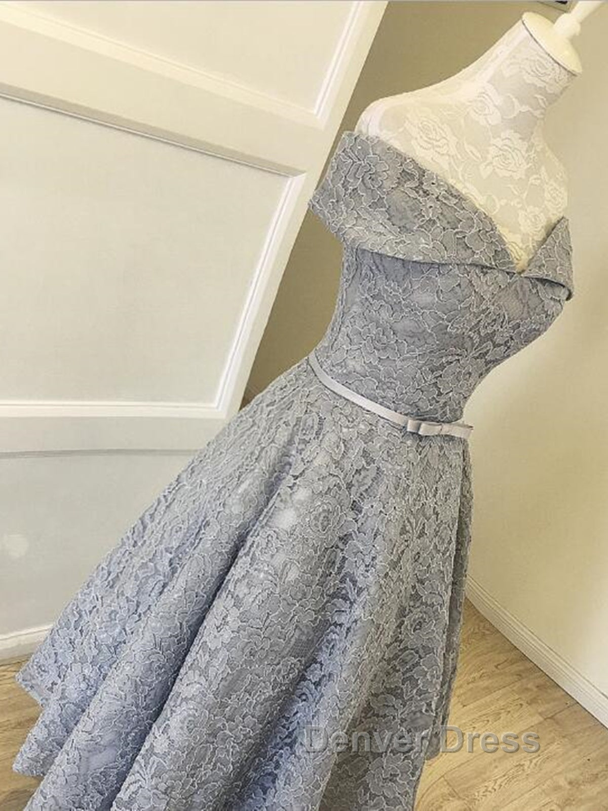 Off Shoulder Tea Length Gray Lace Prom Dresses, Off the Shoulder Gray Homecoming Dresses, Gray Lace Formal Evening Dresses Secondary image
