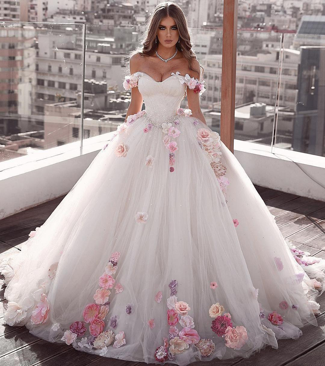 Off Shoulder Tulle Ball Gowns Wedding Dresses Floral Flowers Beaded Secondary image