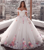 Off Shoulder Tulle Ball Gowns Wedding Dresses Floral Flowers Beaded