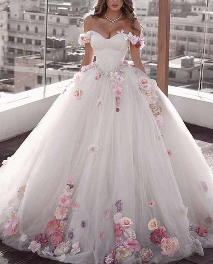 Off Shoulder Tulle Ball Gowns Wedding Dresses Floral Flowers Beaded Main image