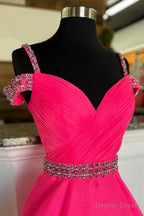 Off Shoulder Tulle Beaded Long Prom Dress, Hot Pink Prom Dresses