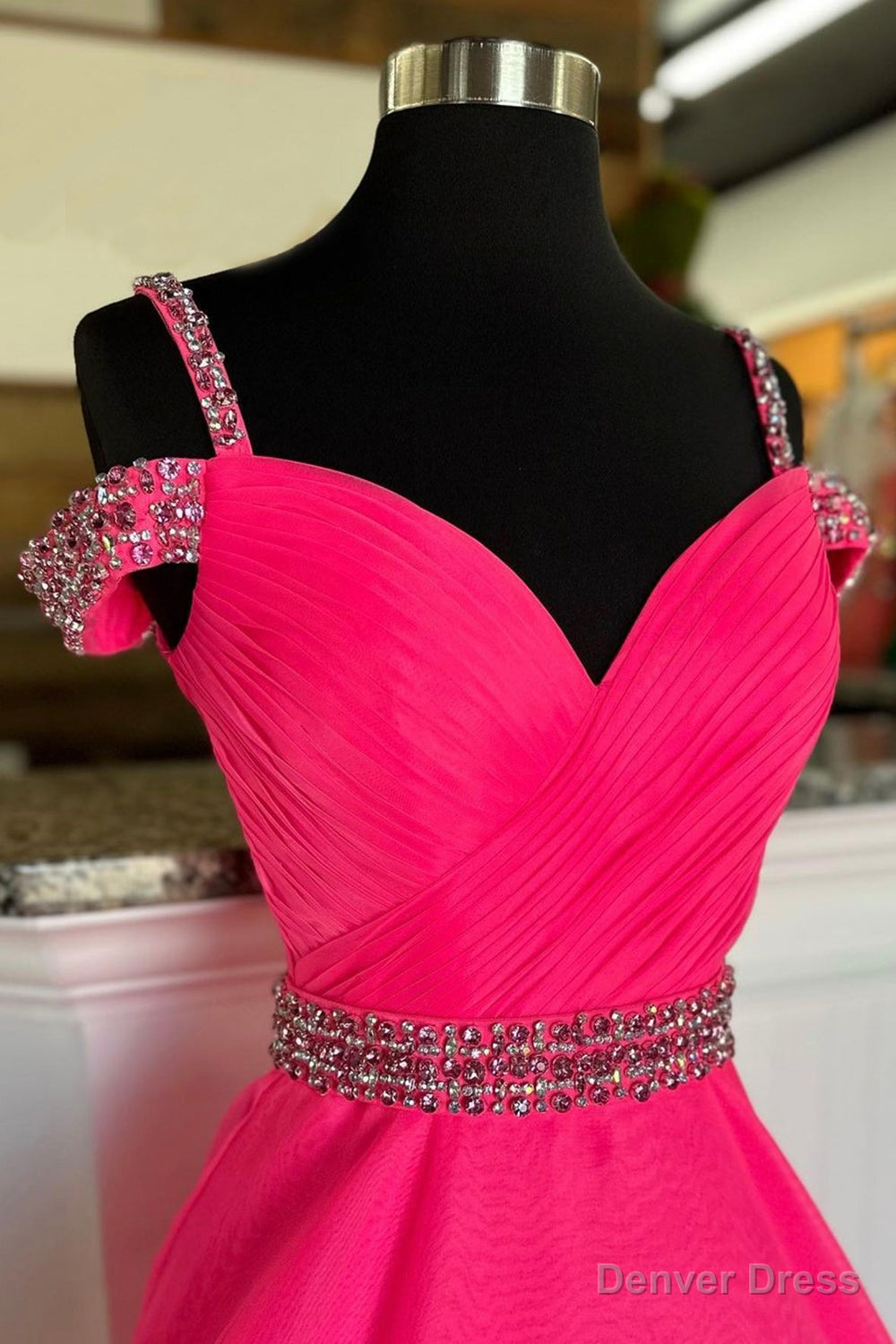 Off Shoulder Tulle Beaded Long Prom Dress, Hot Pink Prom Dresses