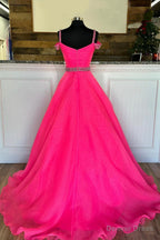 Off Shoulder Tulle Beaded Long Prom Dress, Hot Pink Prom Dresses