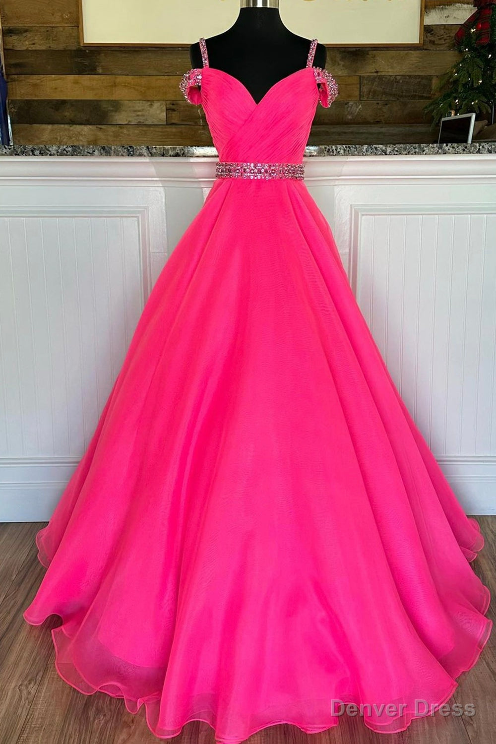 Off Shoulder Tulle Beaded Long Prom Dress, Hot Pink Prom Dresses