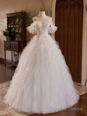 Off Shoulder Tulle Lace Light Champagne Long Prom Dress, Light Champagne Sweet 16 Dress