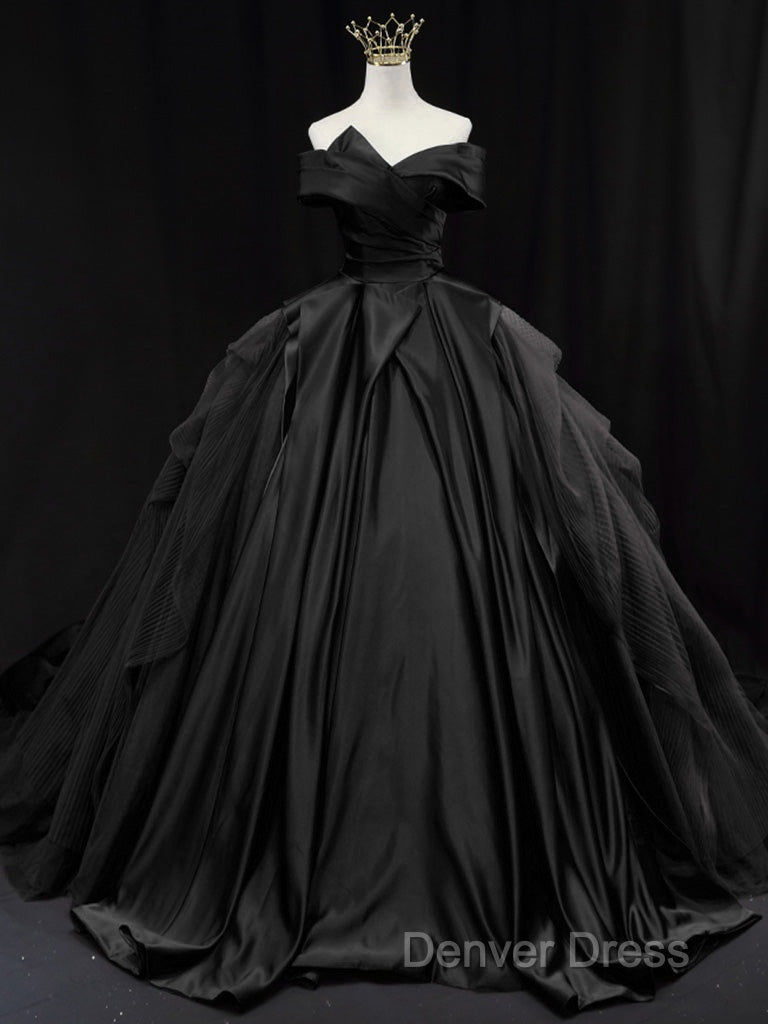 Off Shoulder Tulle Satin Blue Long Prom Gown, Blue Long Evening Dresses