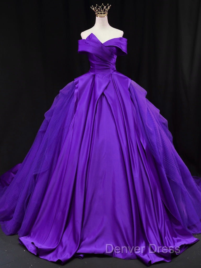 Off Shoulder Tulle Satin Blue Long Prom Gown, Blue Long Evening Dresses