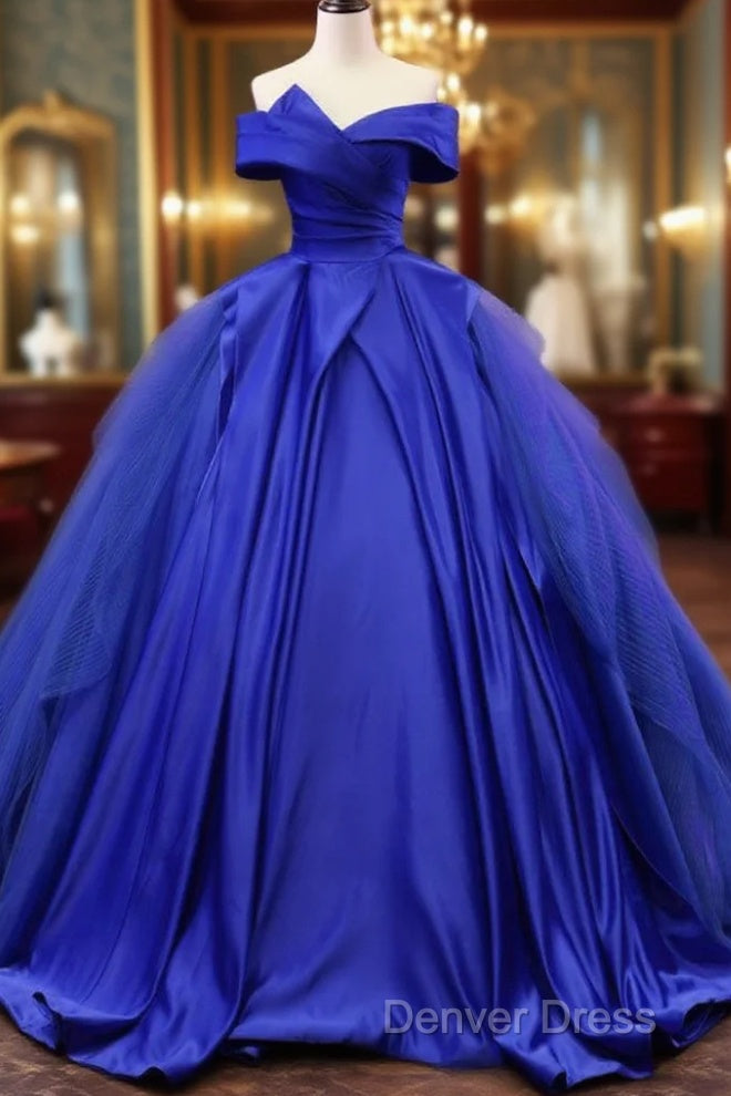Off Shoulder Tulle Satin Blue Long Prom Gown, Blue Long Evening Dresses Main image