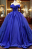 Off Shoulder Tulle Satin Blue Long Prom Gown, Blue Long Evening Dresses