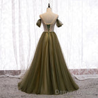 Off Shoulder Tulle Sweetheart Floor Length Long Prom Dress, A Line Wedding Prom Dresses