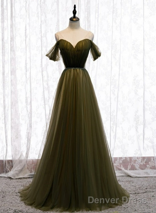 Off Shoulder Tulle Sweetheart Floor Length Long Prom Dress, A Line Wedding Prom Dresses
