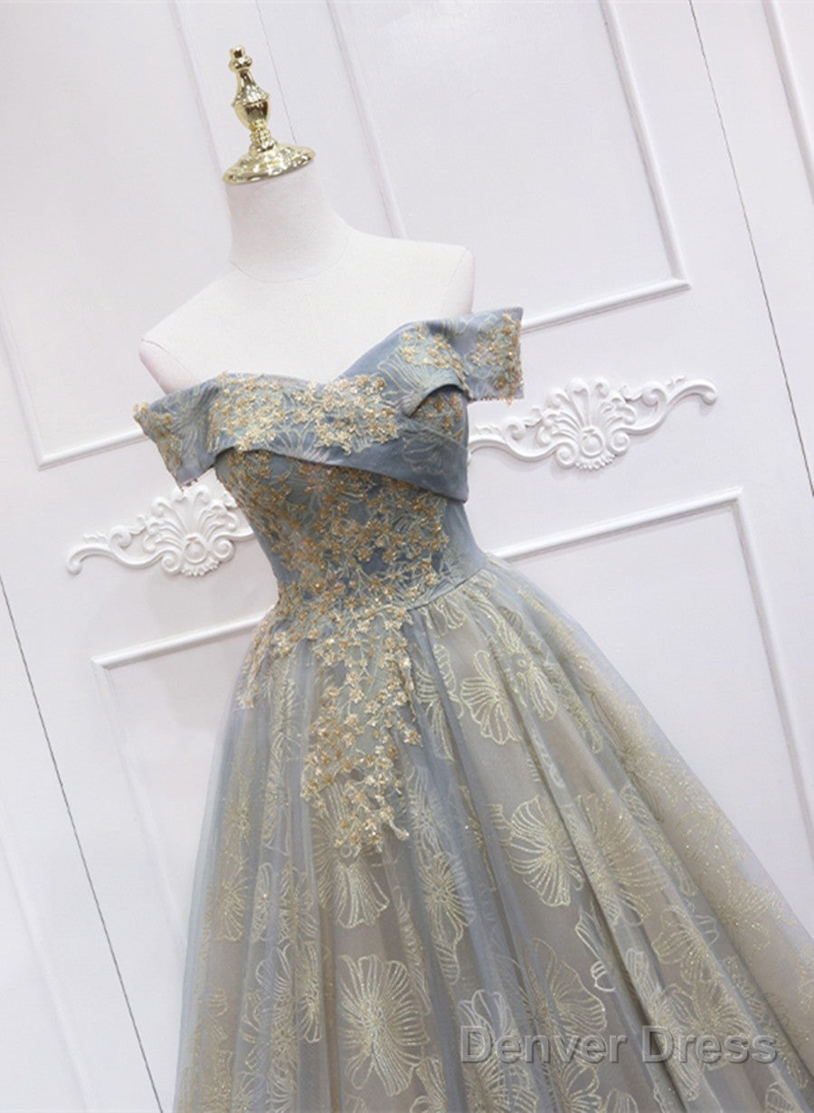 Off Shoulder Tulle With Lace A-Line Junior Prom Dress, Chic Long Party Dress Secondary image