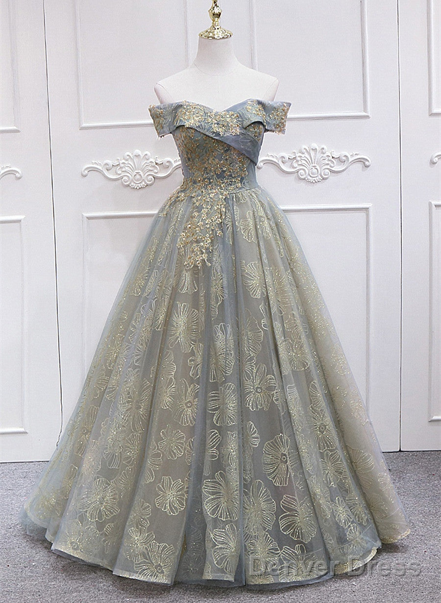 Off Shoulder Tulle With Lace A-Line Junior Prom Dress, Chic Long Party Dress Main image