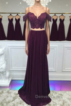 Off Shoulder Two Pieces Purple Lace Long Prom Dress, 2 Pieces Purple Prom Dress, Purple Lace Prom Dresses