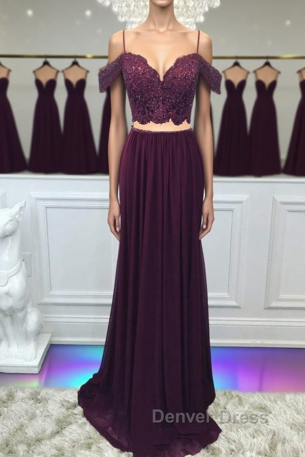 Off Shoulder Two Pieces Purple Lace Long Prom Dress, 2 Pieces Purple Prom Dress, Purple Lace Prom Dresses