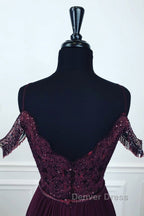 Off Shoulder Two Pieces Purple Lace Long Prom Dress, 2 Pieces Purple Prom Dress, Purple Lace Prom Dresses