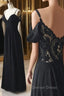Off Shoulder V Neck Black Lace Long Prom Dress, Off Shoulder Black Prom Dress, Black Lace Prom Dresses