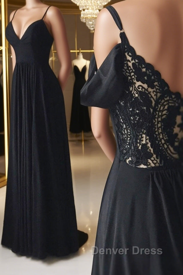 Off Shoulder V Neck Black Long Prom Dress with Lace Back, Off the Shoulder Black Prom Dress, Black Lace Prom Dresses Main image