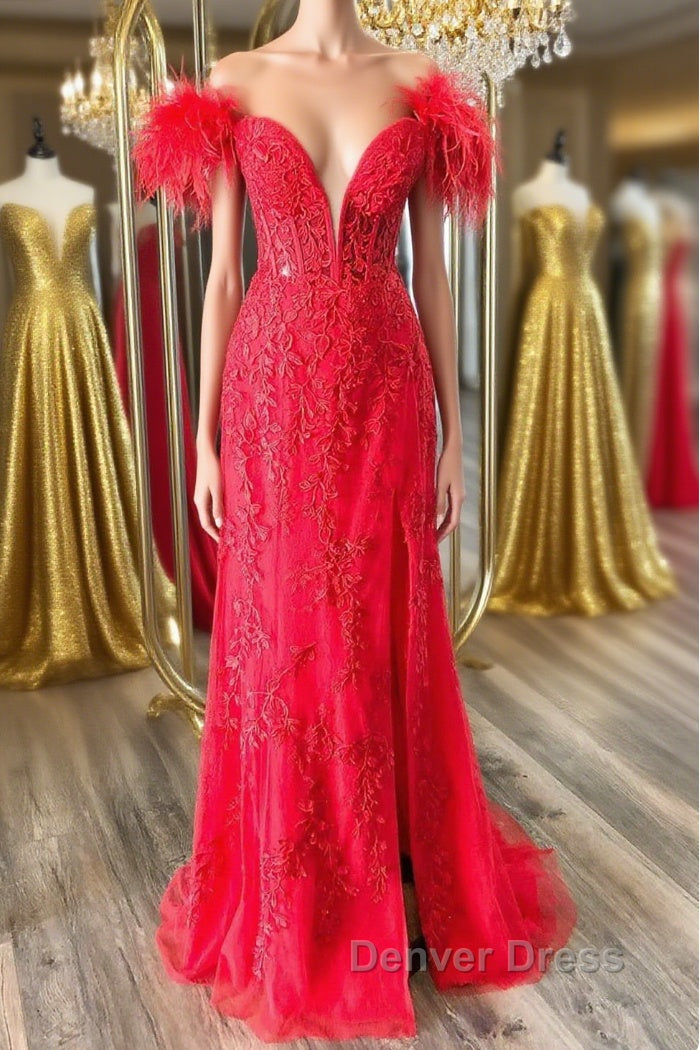 Off Shoulder V Neck Mermaid Red Lace Long Prom Dress with High Slit, Mermaid Red Prom Dress, Red Lace Prom Dresses