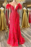 Off Shoulder V Neck Mermaid Red Lace Long Prom Dress with High Slit, Mermaid Red Prom Dress, Red Lace Prom Dresses