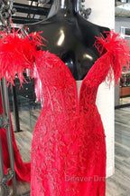 Off Shoulder V Neck Mermaid Red Lace Long Prom Dress with High Slit, Mermaid Red Prom Dress, Red Lace Prom Dresses
