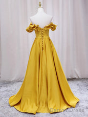 Off Shoulder V Neck Yellow Satin Long Prom Dresses, Off The Shoulder Yellow Formal Dresses, Yellow Evening Dresses