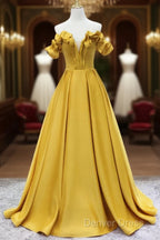 Off Shoulder V Neck Yellow Satin Long Prom Dresses, Off The Shoulder Yellow Formal Dresses, Yellow Evening Dresses