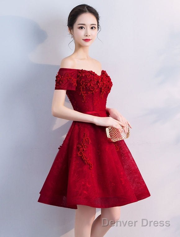 Off Shoulder Wine Red Short Beaded Homecoming Dress, Short Prom Dress, Graduation Prom Dresses