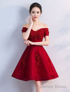 Off Shoulder Wine Red Short Beaded Homecoming Dress, Short Prom Dress, Graduation Prom Dresses