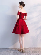 Off Shoulder Wine Red Short Beaded Homecoming Dress, Short Prom Dress, Graduation Prom Dresses