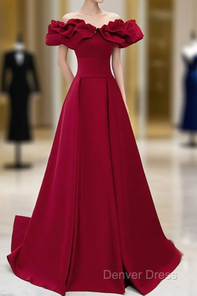 Off Shoulder Wine Red Sweetheart Long Party Dresses, Wine Red Prom Dresses Evening Dresses Main image