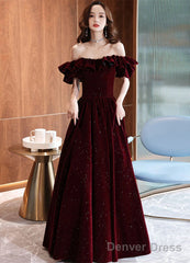 Off Shoulder Wine Red Velvet A-Line Party Dress, Wine Red Prom Dress