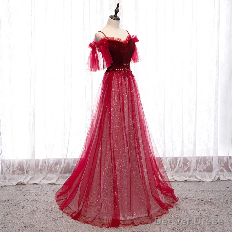 Off Shoulder Wine Red Velvet and Tulle Prom Dress, A Line Tulle Floor Length Prom Dresses Secondary image