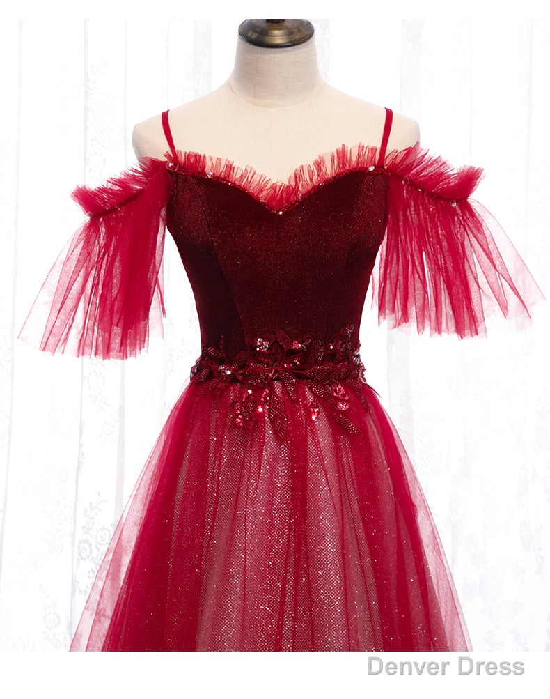 Off Shoulder Wine Red Velvet and Tulle Party Dress, A-line Tulle Floor Length Prom Dress