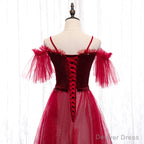 Off Shoulder Wine Red Velvet and Tulle Party Dress, A-line Tulle Floor Length Prom Dress