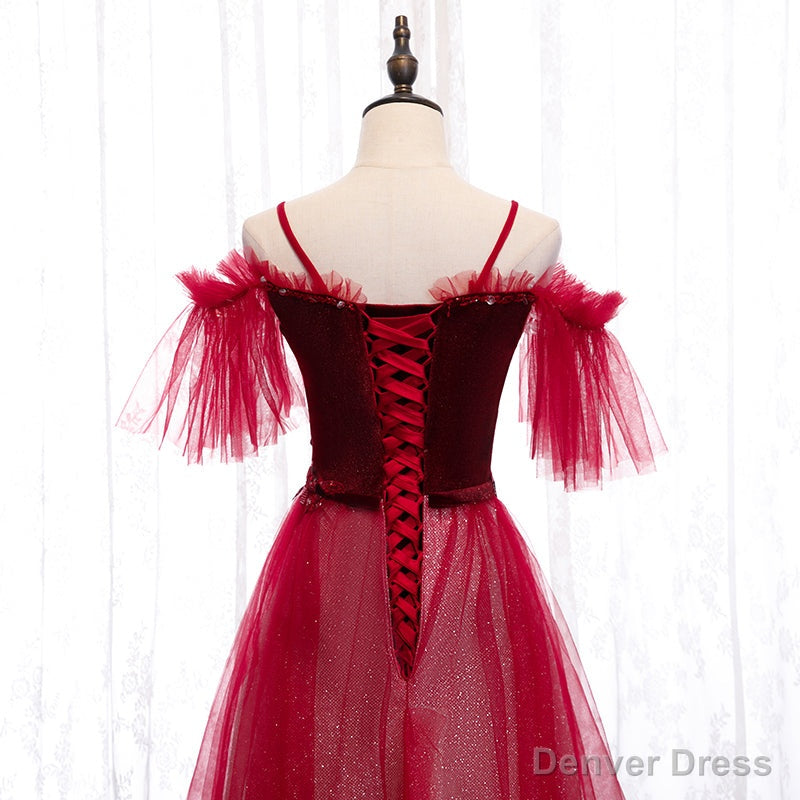 Off Shoulder Wine Red Velvet and Tulle Party Dress, A-line Tulle Floor Length Prom Dress